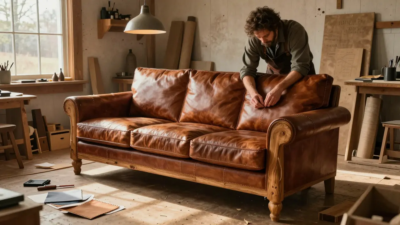 Handcrafted luxury sofa in wooden workshop, artisan stitching leather under warm light with reclaimed wood.