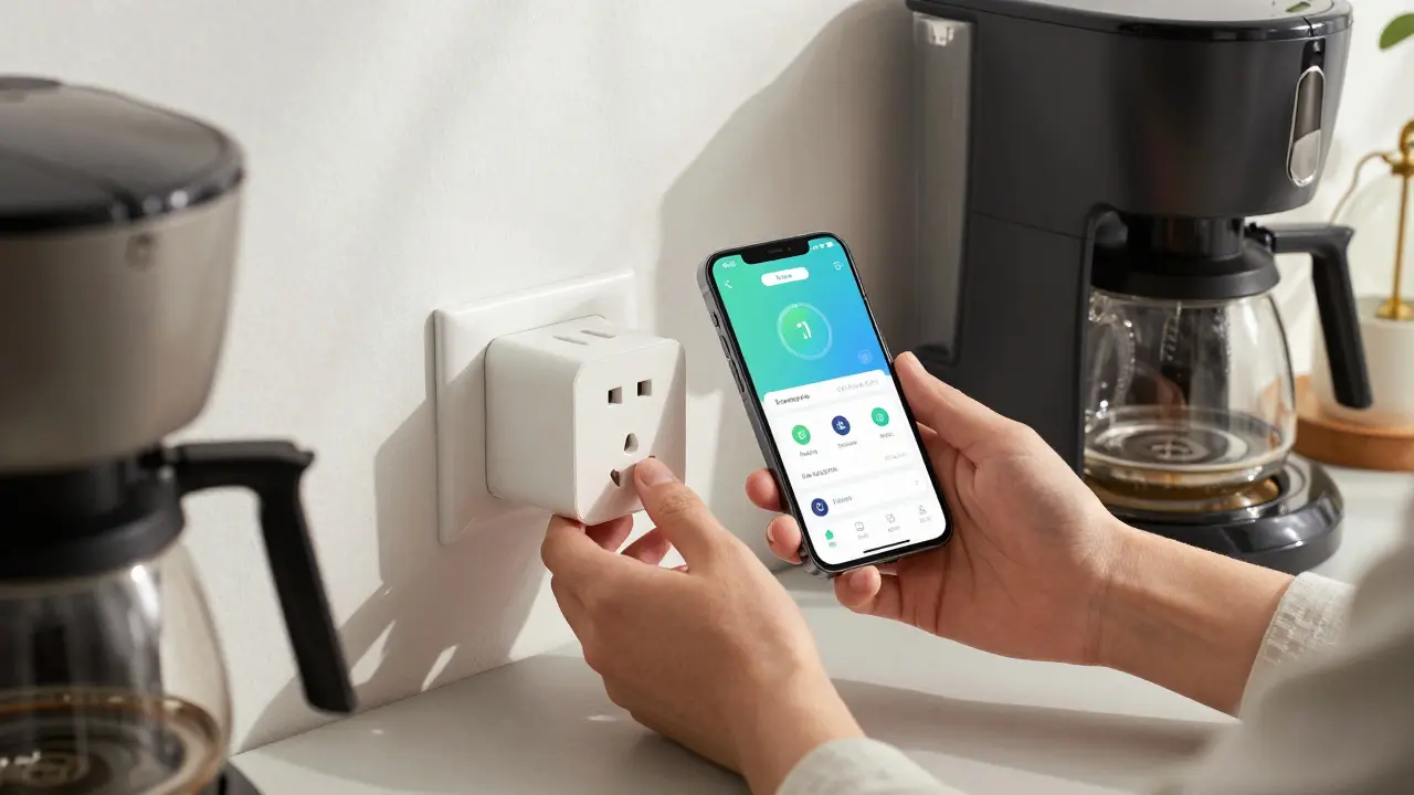 Hands installing a smart plug into an outlet next to a coffee maker and lamp, smartphone showing energy usage data.