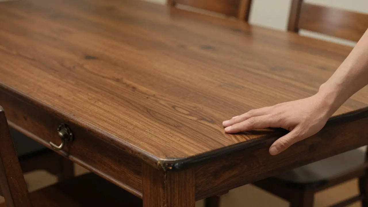 Heavy walnut dining table with hand-rubbed finish and metal hardware, showing signs of long-term use.