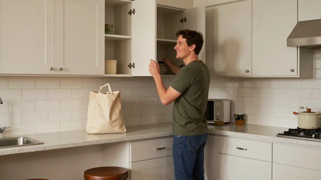 Homeowner opening a cabinet in a practical, affordable kitchen with laminate counters and vinyl flooring.