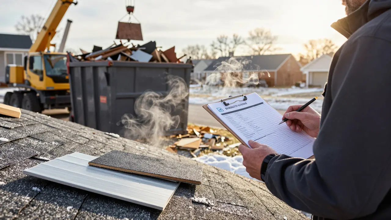 Homeowner reviewing a roofing quote beside debris dumpster and material samples in snow.