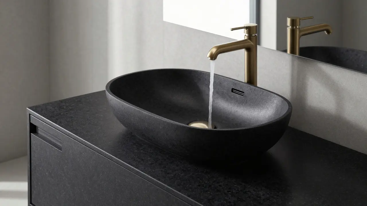 Hybrid sink with hidden drain on matte black quartz countertop, clean and seamless design.