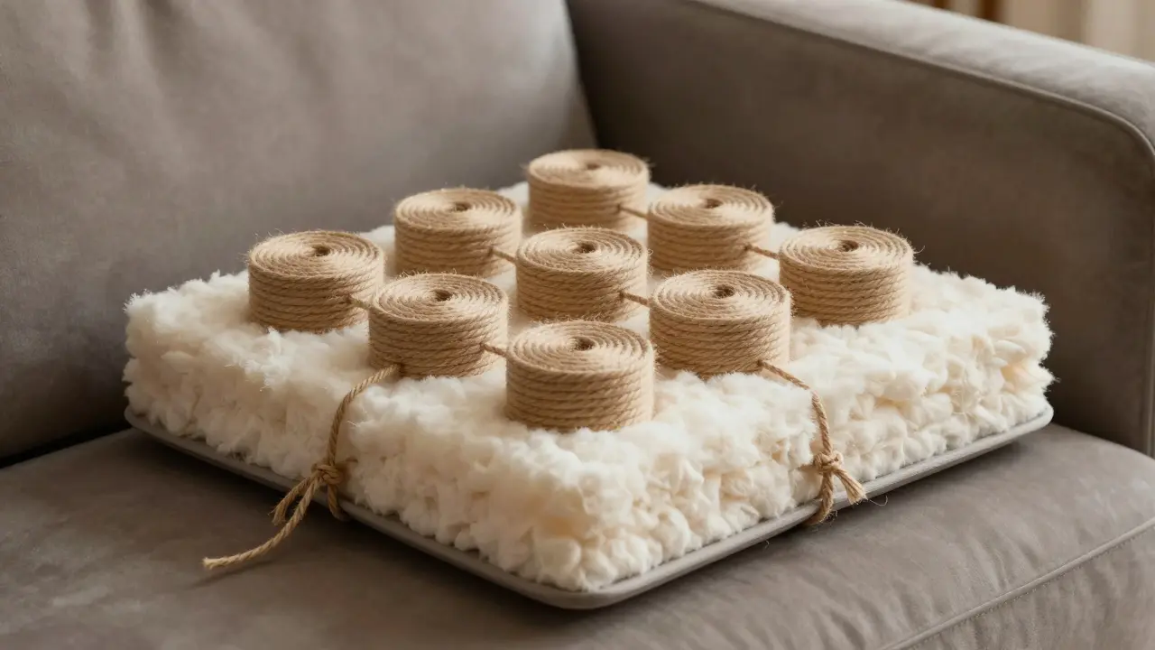 Interior of a luxury sofa showing hand-tied springs and layered high-density foam.