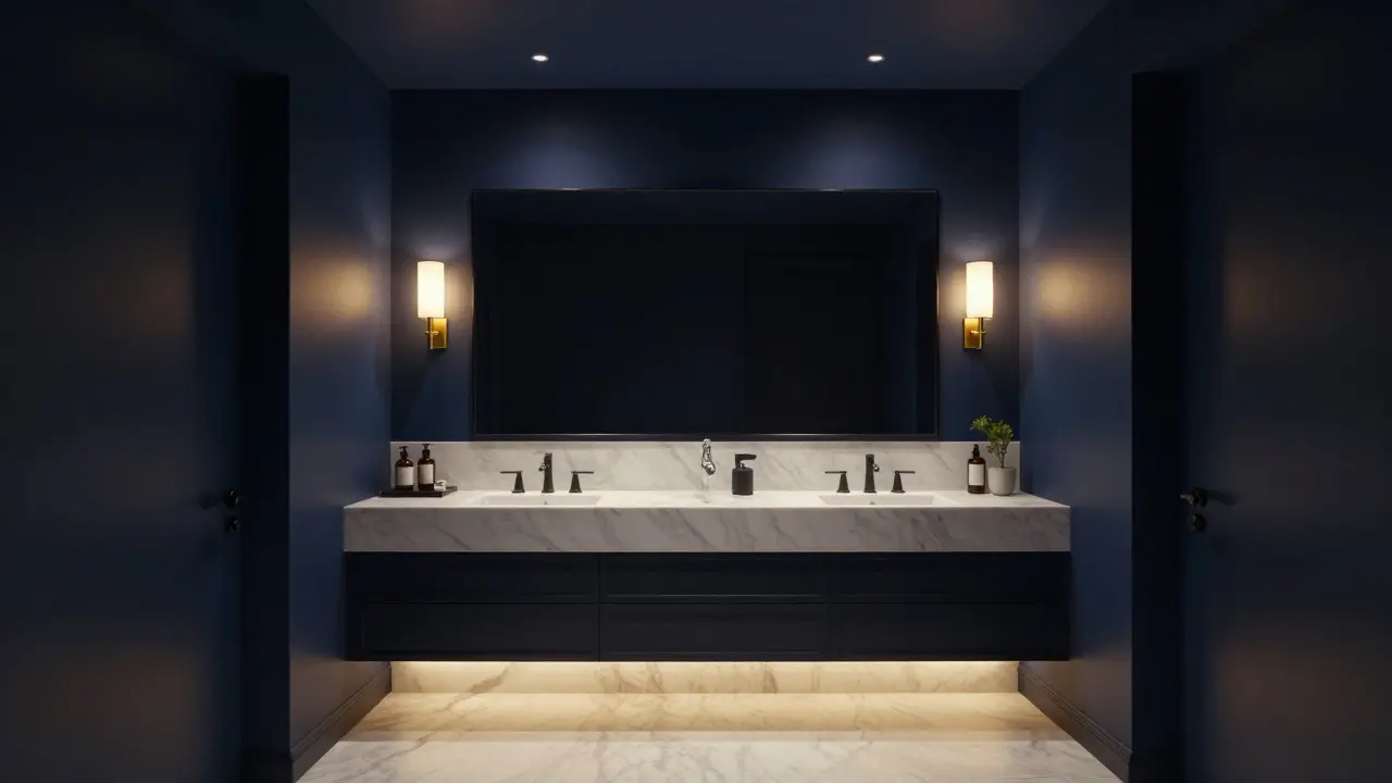 Luxurious dark navy bathroom with warm lighting and matte black fixtures for a cozy spa vibe.