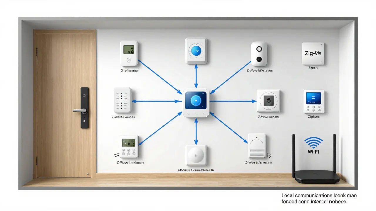 Mesh network of Z-Wave and Zigbee devices communicating locally