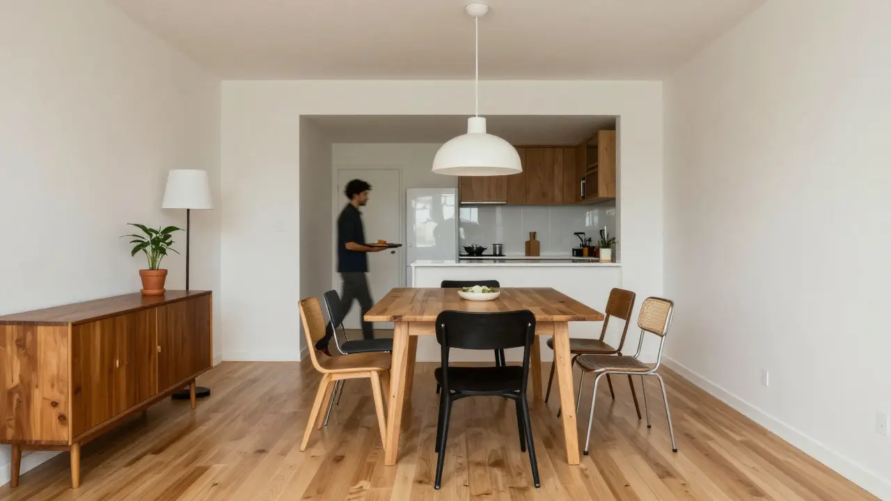 Mismatched chairs around a wooden dining table under a pendant light, with a floor lamp and sideboard balancing the room’s visual weight.