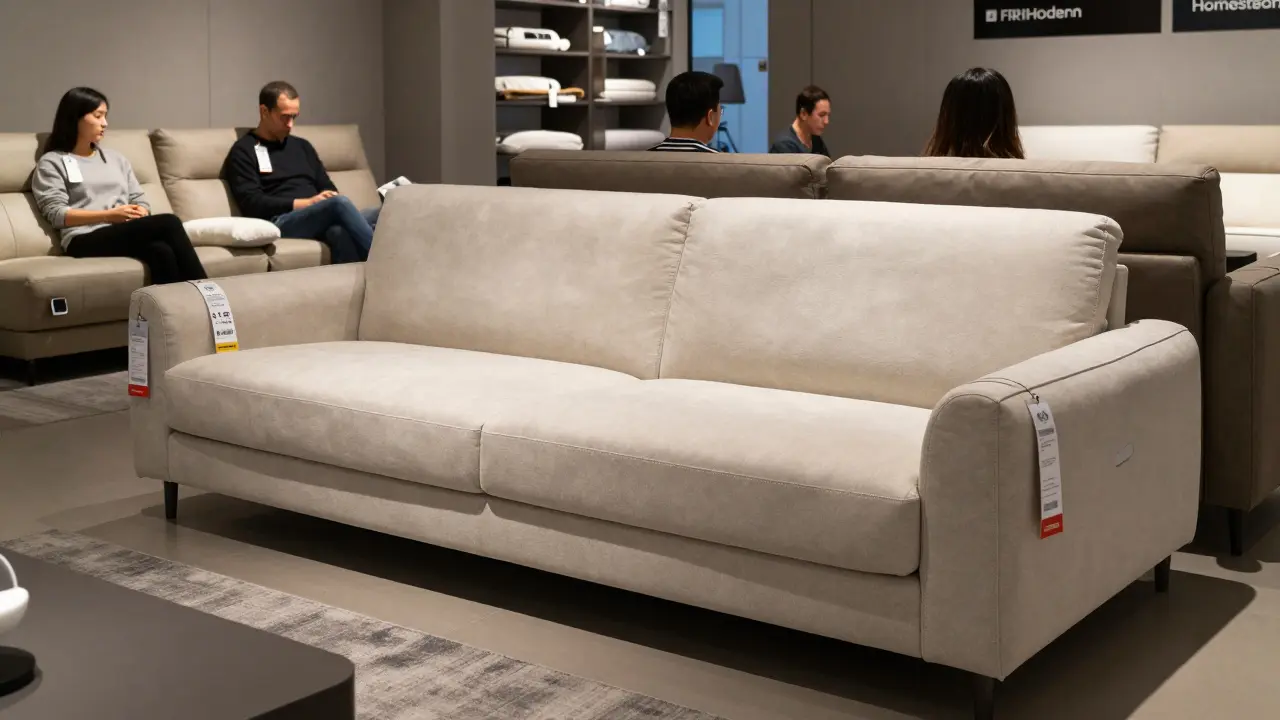 Modern sofa in showroom with price tag ,200, customers testing comfort on S-springs and high-density foam.