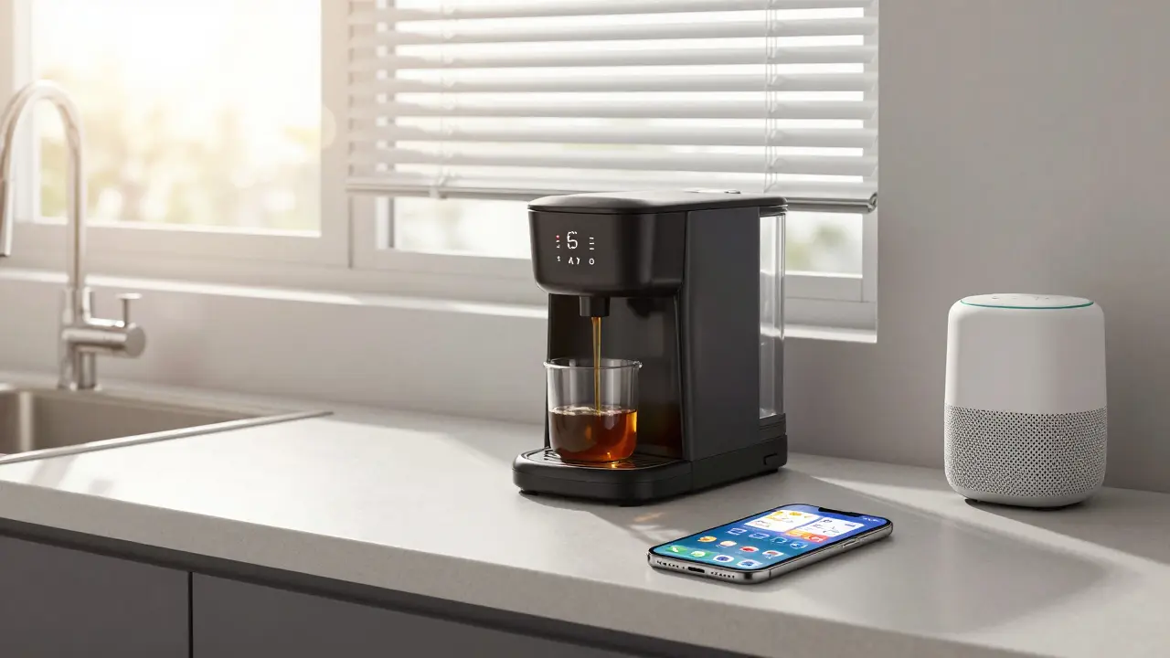 Morning scene: iPhone activates coffee maker, blinds, and lights in a sunlit kitchen.
