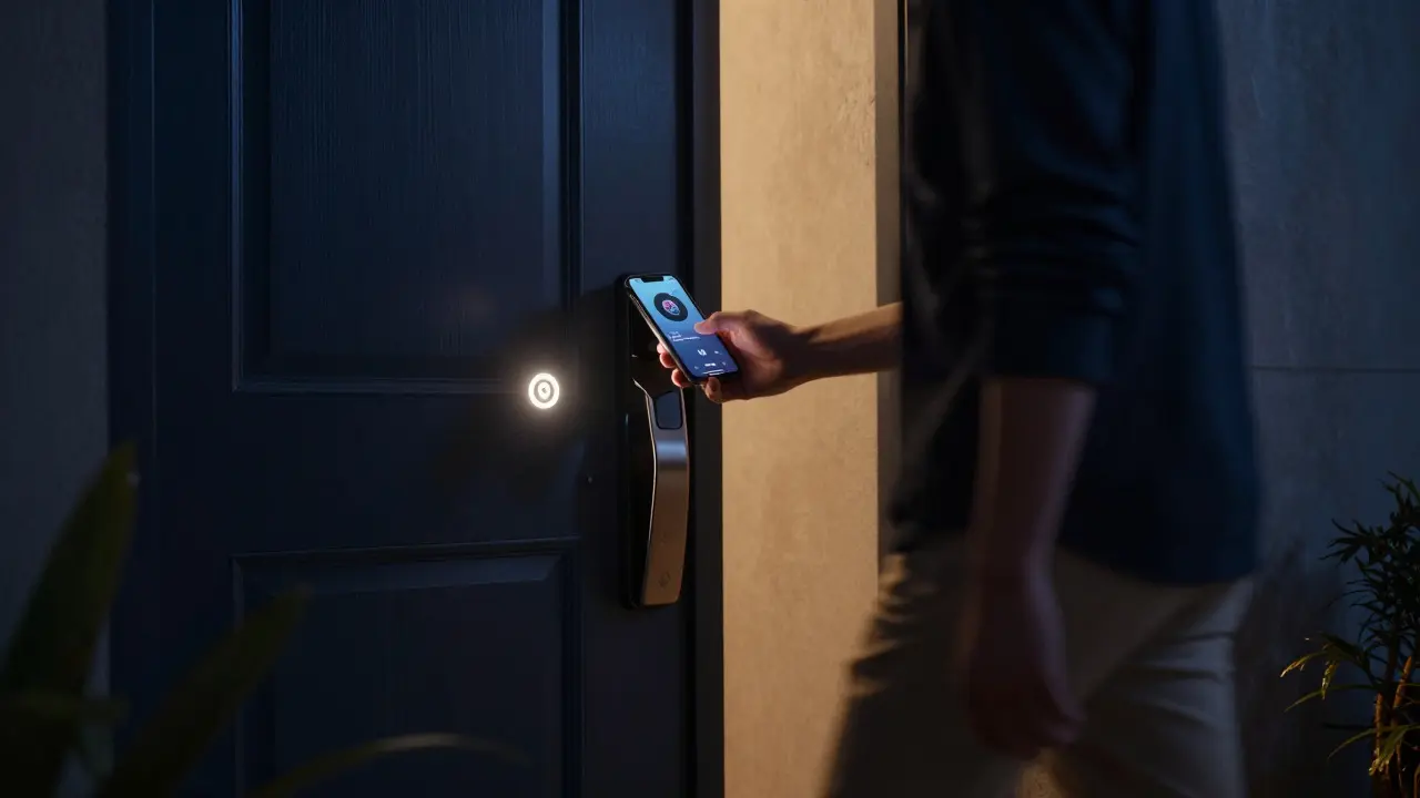 Person arriving home as smart lock opens and lights turn on automatically at night.
