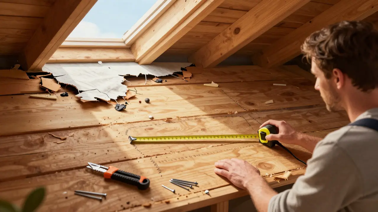 Person measuring damaged attic sheathing with tape measure, torn underlayment and tools visible in dim attic light.