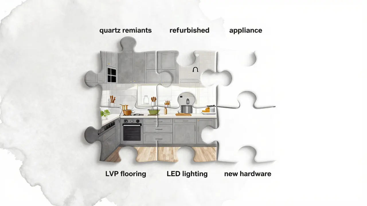 Puzzle pieces forming a kitchen, labeled with budget-friendly renovation elements like quartz and LVP flooring.