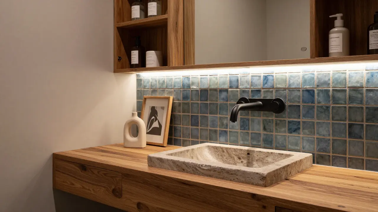 Reclaimed teak vanity with slate blue mosaic tile, matte black faucet, and hidden storage, soft ambient lighting behind mirror.
