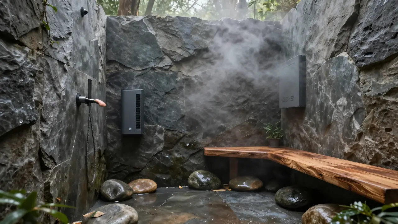Shower with slate walls and river rocks, built-in wooden bench, steam rising, silent air purifier hidden in wall.