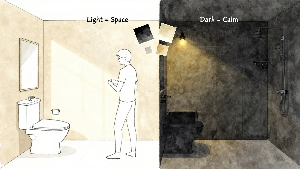Split bathroom design showing light walls for mornings and dark walls for evenings.