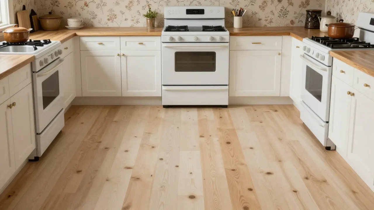 Split-view kitchen: 1980s vinyl floor on left, modern white oak hardwood on right — the only unchanged element.