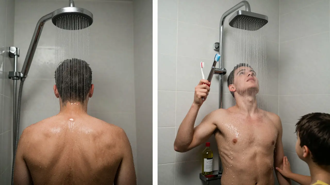 Split view: round showerhead provides full-body coverage in a small stall, square showerhead leaves parts dry with cleaning tools nearby.