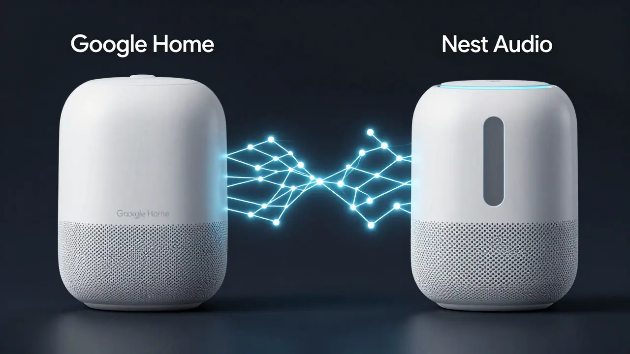 Two identical speakers side by side, one labeled Google Home, the other Nest Audio, connected by digital light trails.