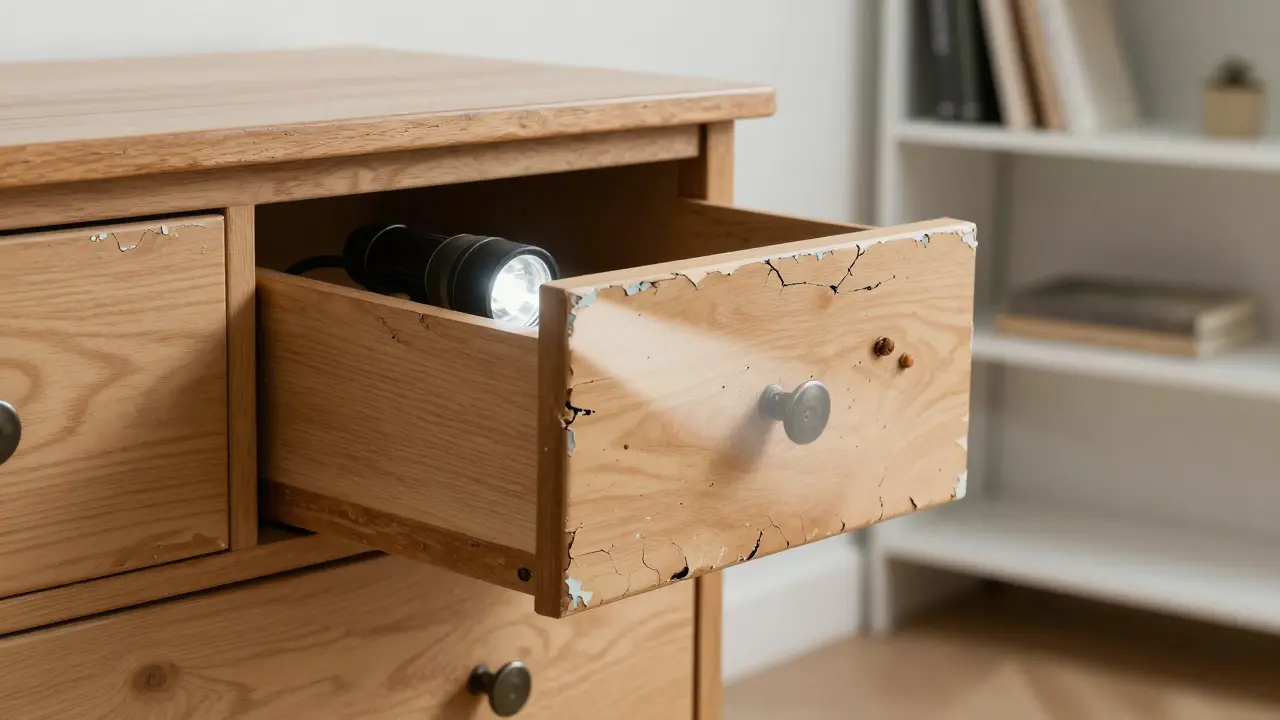 Vintage dresser with peeling paint revealing hidden damage, flashlight illuminating interior.