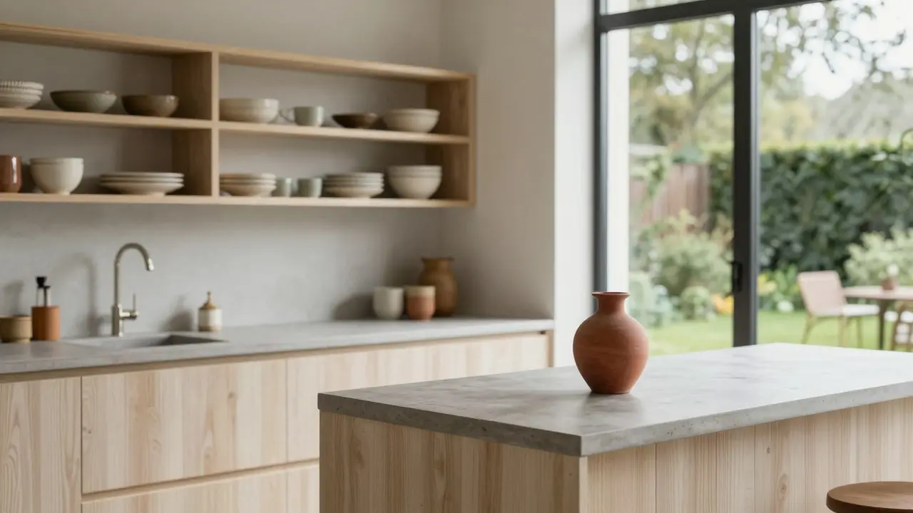Whitewashed pine kitchen cabinets with concrete countertops and a terracotta vase, illuminated by soft natural light.
