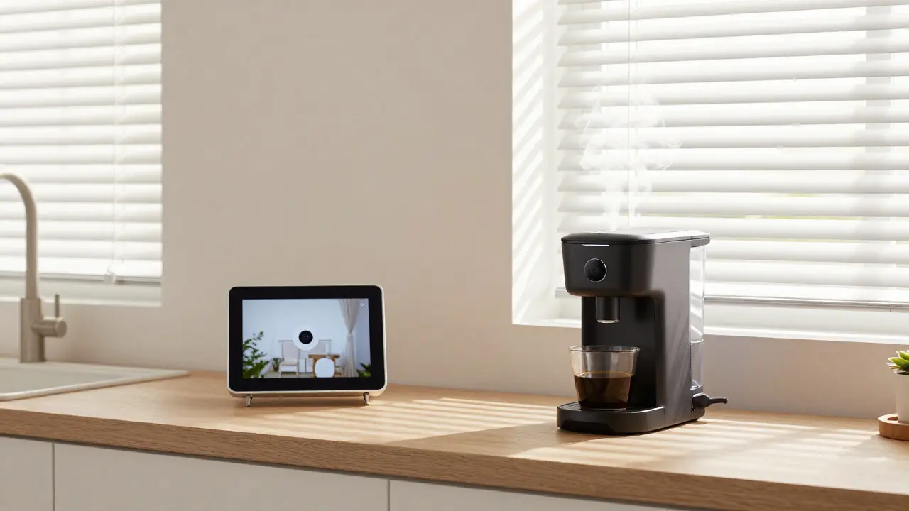 A bright kitchen with smart blinds opening, coffee maker brewing, and Echo Show showing a doorbell feed.
