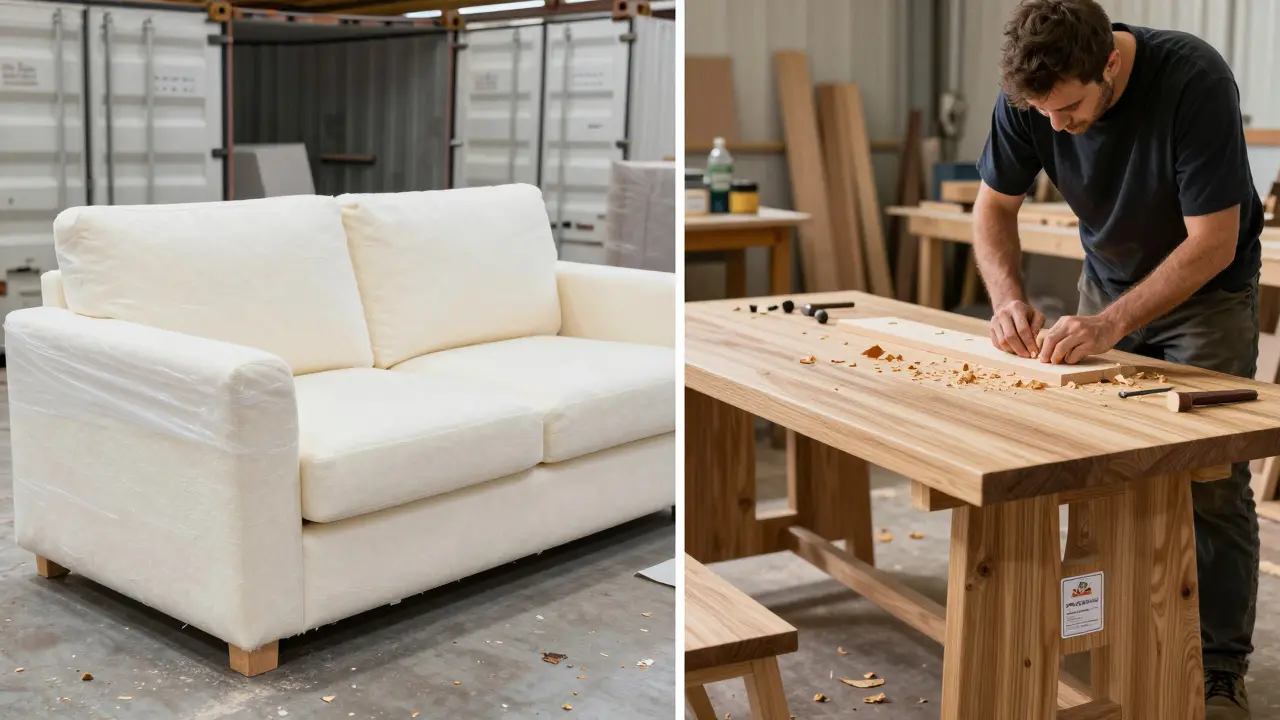 A craftsman hand-carving an oak dining table beside a factory shipping container, showing quality vs. mass production.