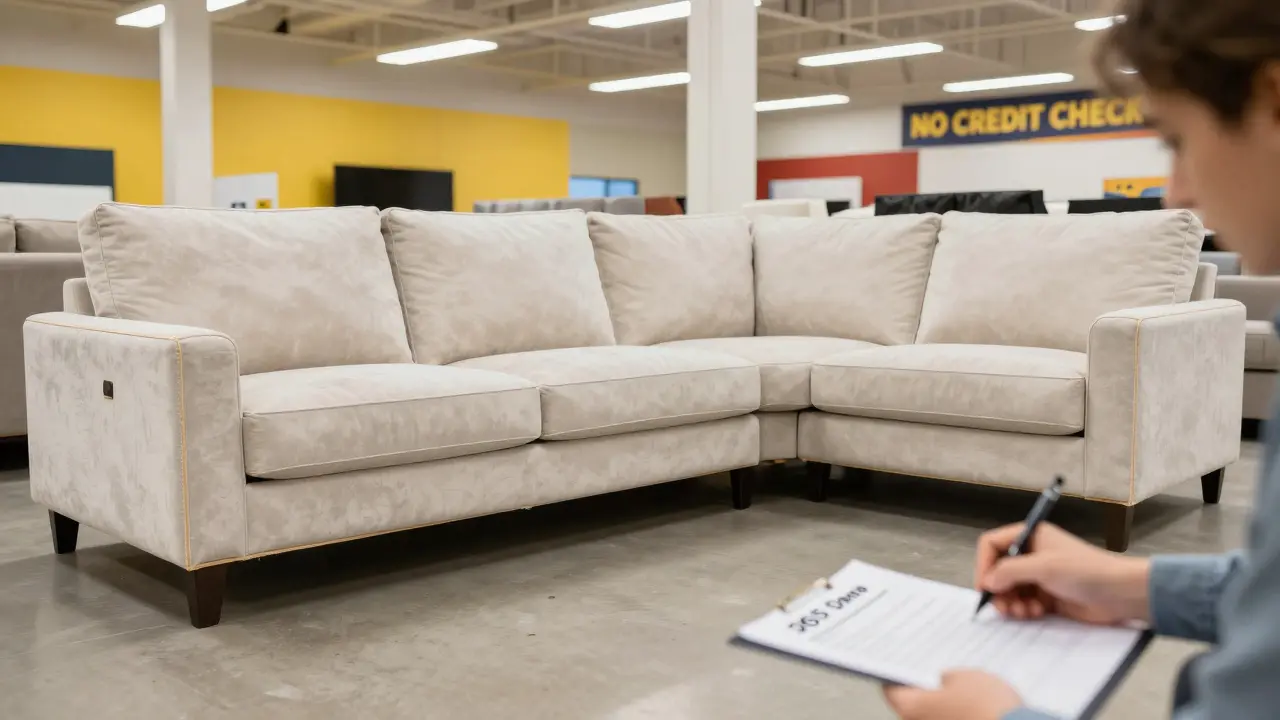 A customer signing financing paperwork at a Rooms To Go showroom with a budget furniture set on display.