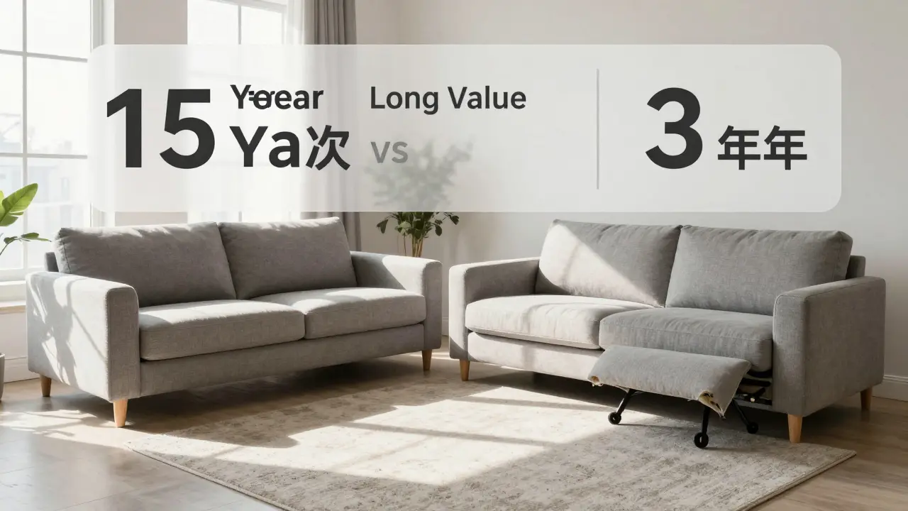 A durable sofa beside a broken one, illustrating long-term value versus cheap furniture failure.