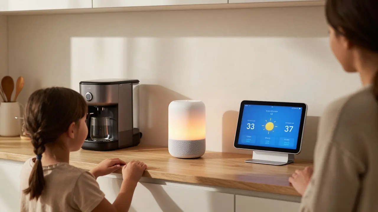 A family in a kitchen as morning routines automatically activate via voice command using a Nest speaker.