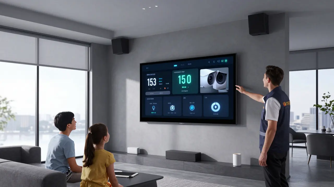 A family watches as a technician adjusts a whole-home automation system on a large touchscreen panel.