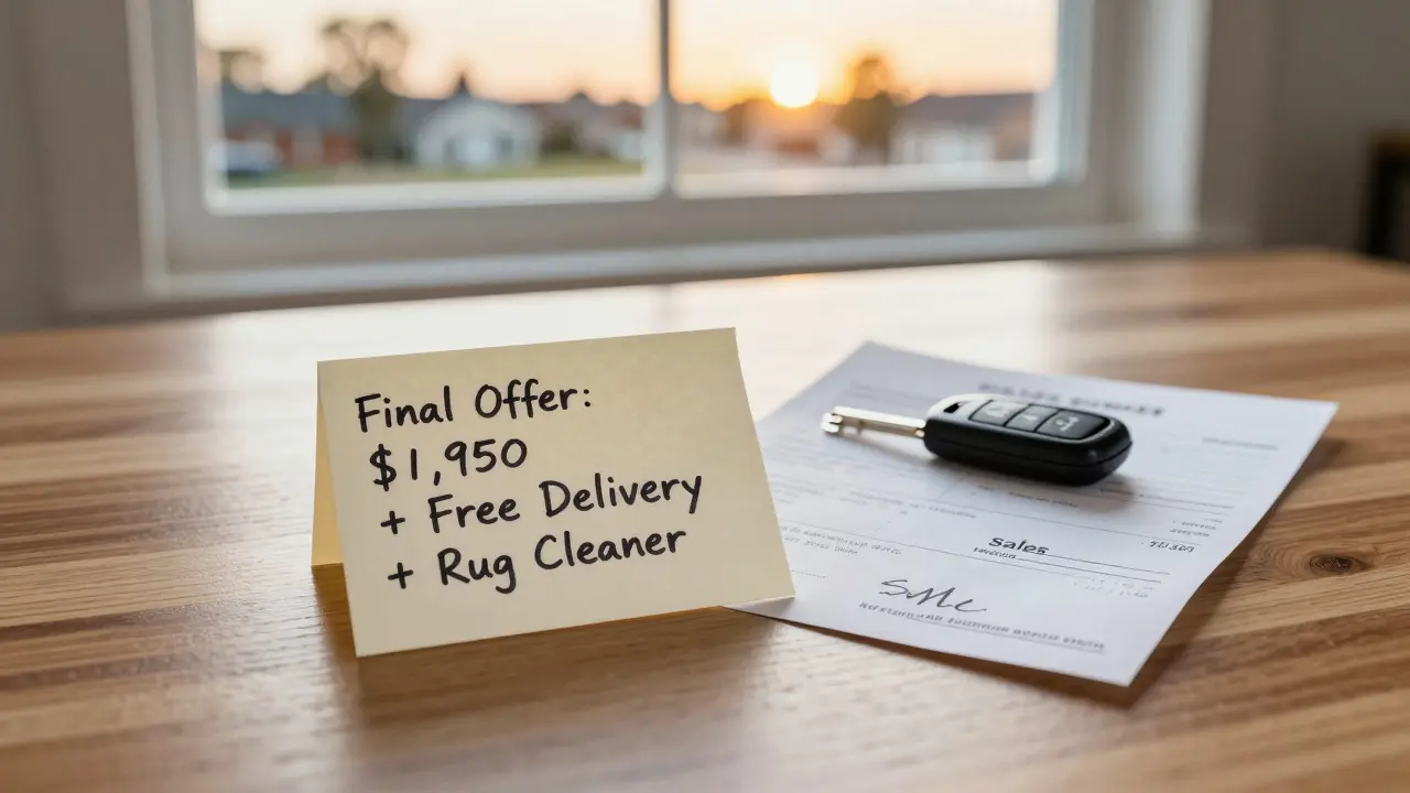 A handwritten offer note, receipt, and keys on a wooden desk, symbolizing a successful furniture purchase with added perks.