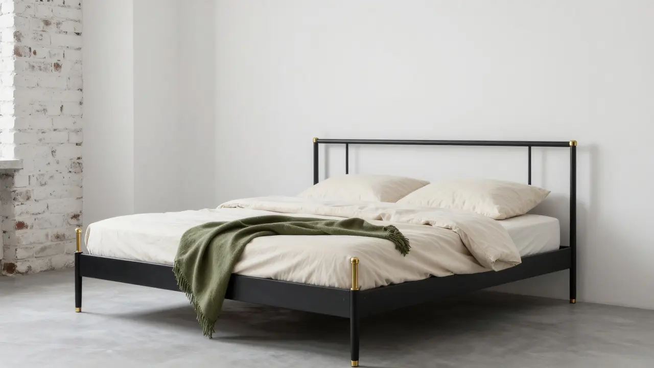 A matte black bed frame with brass details and cream bedding in a minimalist loft with white walls and olive accent.