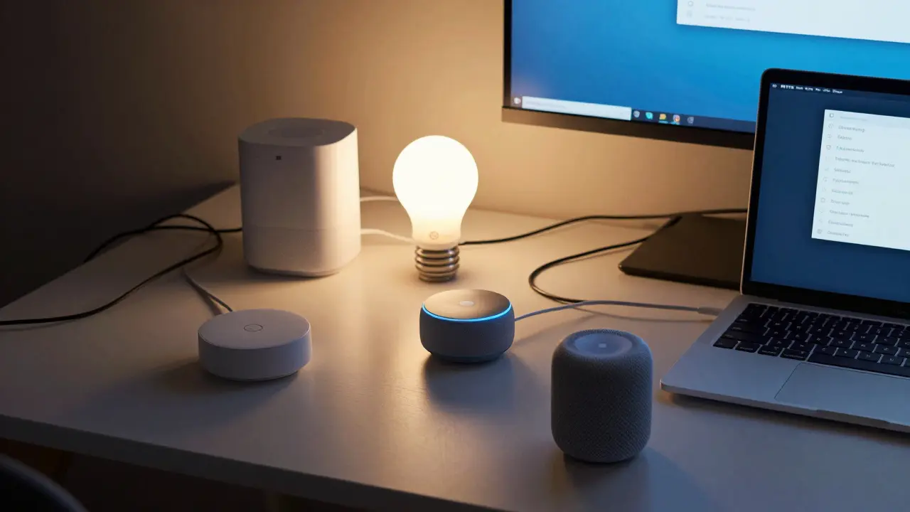 A messy desk with multiple smart home hubs and tangled wires, showing the frustration of incompatible devices.