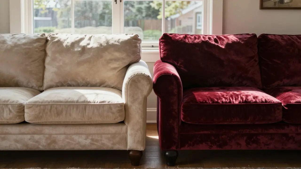A pale beige sofa showing sun fade next to a rich wine-red velvet sofa in natural daylight.