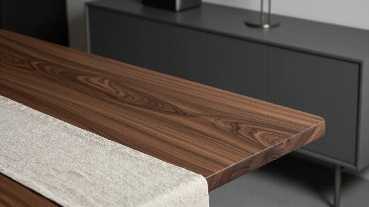 A richly textured walnut dining table and charcoal console showing natural wood patina under warm ambient light.