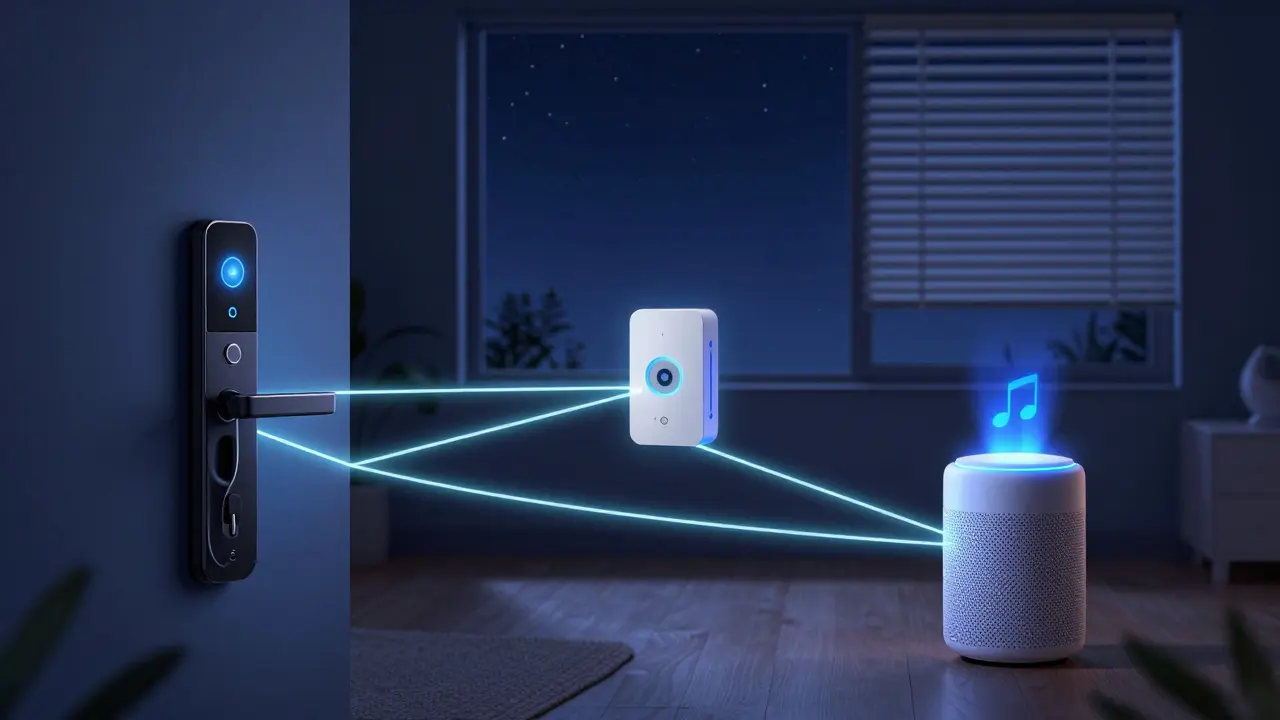 A smart lock, motion sensor, and speaker connected by glowing lines, automating blinds, lights, and music as night falls.