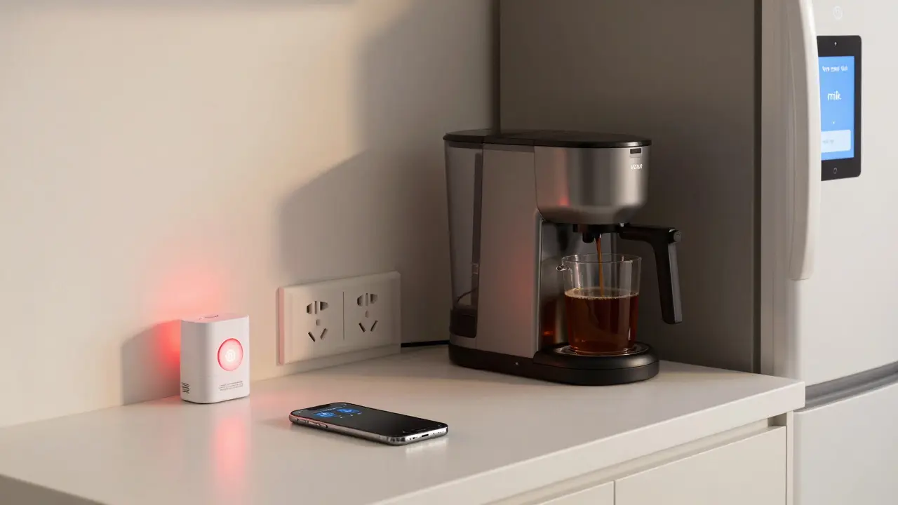 A smart water leak detector alerting a phone, a coffee maker starting automatically, and a fridge showing a low-milk notification in a morning kitchen.