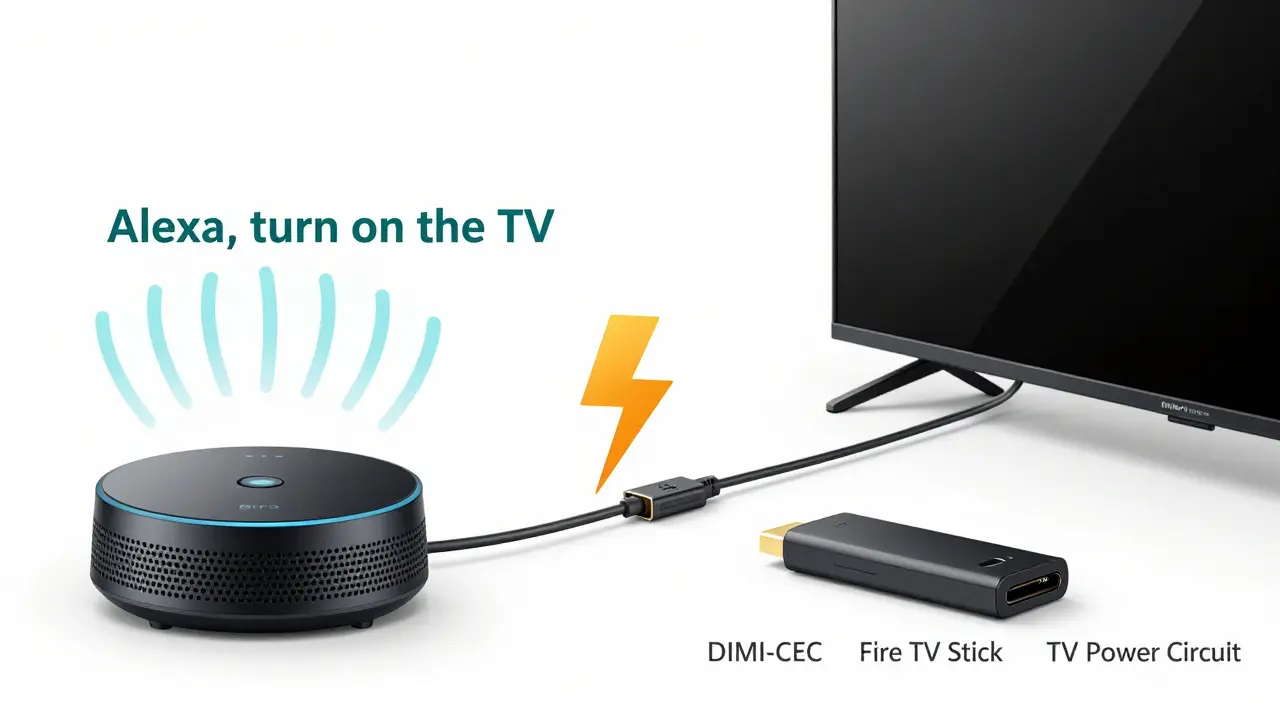 A visual flow diagram showing a voice command traveling from a speaker to an Echo device, through HDMI, to turn on a TV.