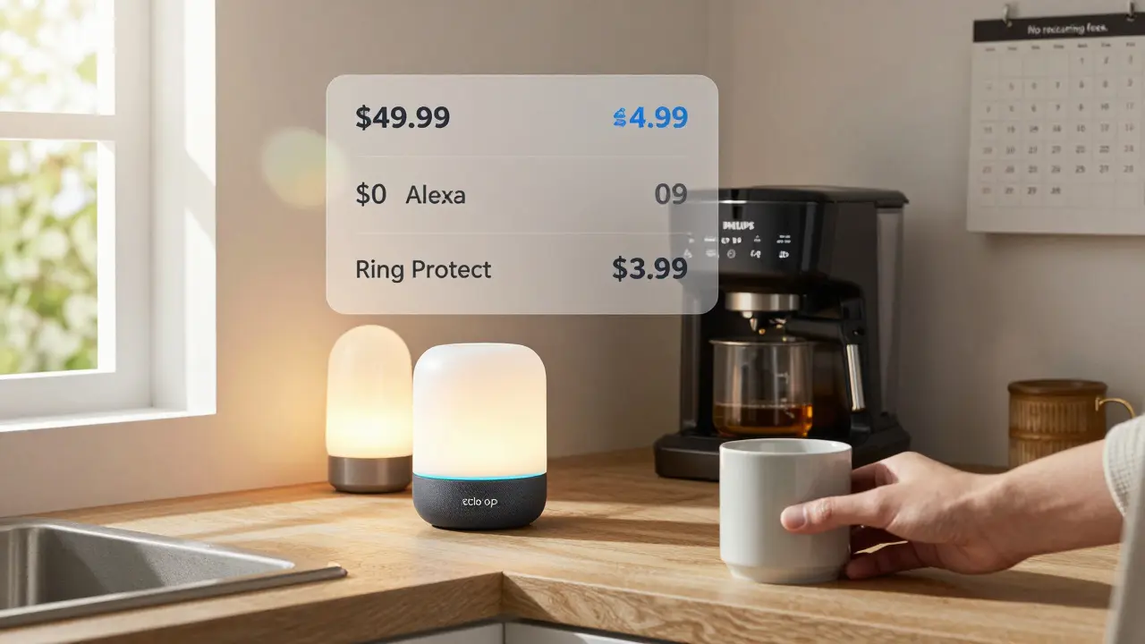 An Echo Dot on a kitchen counter beside brewing coffee, with transparent cost breakdown above.