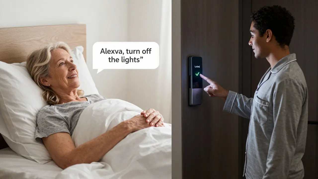 An elderly woman in bed and a young parent in a hallway, both using Alexa to control home devices.