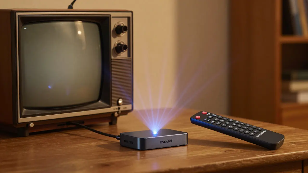 An old TV beside a modern IR blaster device, with infrared waves connecting the remote to the smart hub.