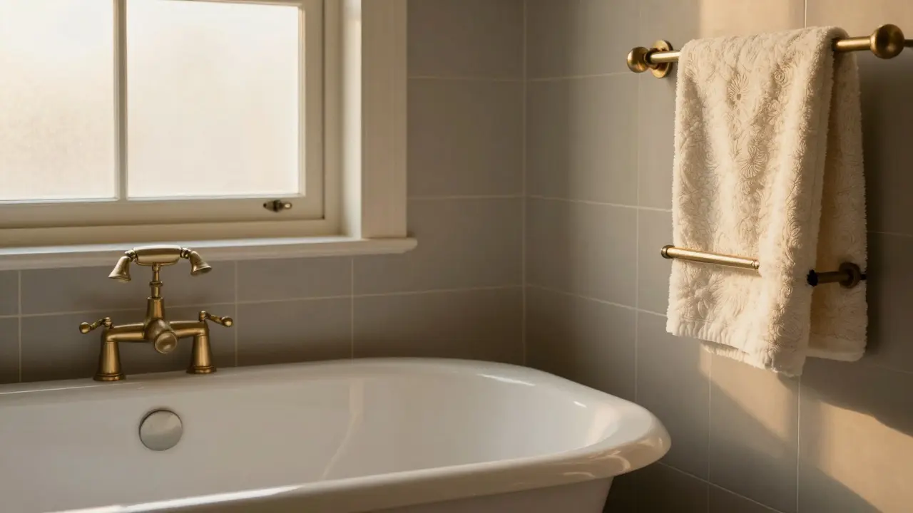 Brushed nickel door handle in a classic bathroom with clawfoot tub and soft gray grout.