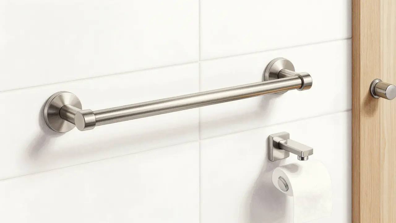 Brushed nickel towel bar and faucet in a modern bathroom setting