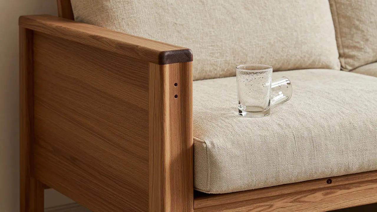 Close-up of solid wood sofa frame with durable fabric and water-beading upholstery.