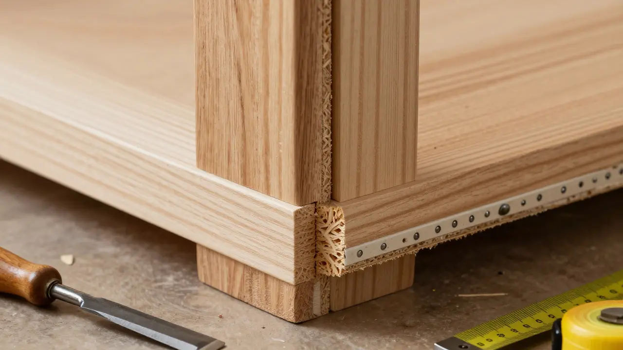 Close-up of traditional mortise-and-tenon joint next to cheap particleboard with visible staples and glue.