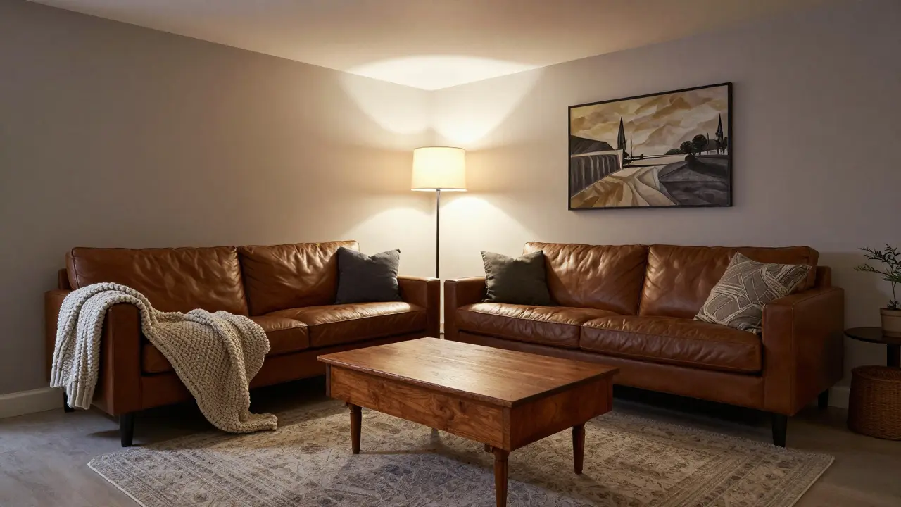 Cozy living room with mixed-style furniture and large rug anchoring the seating area.