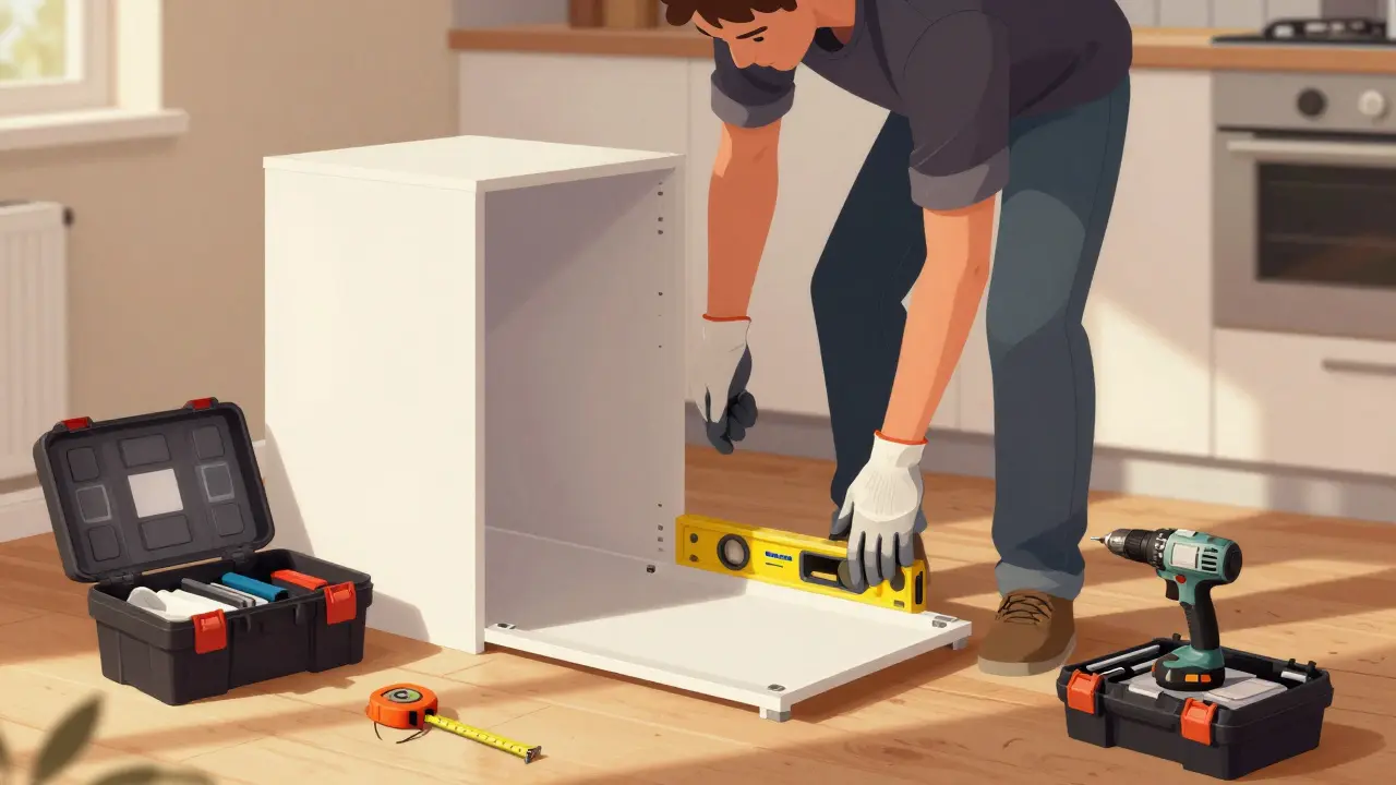 DIY homeowner using a laser level to install IKEA kitchen cabinets in a bare room with tools nearby.