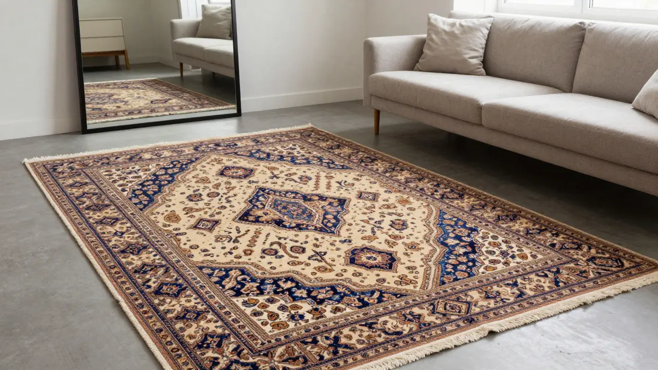 Hand-knotted Persian rug in minimalist living room with geometric patterns