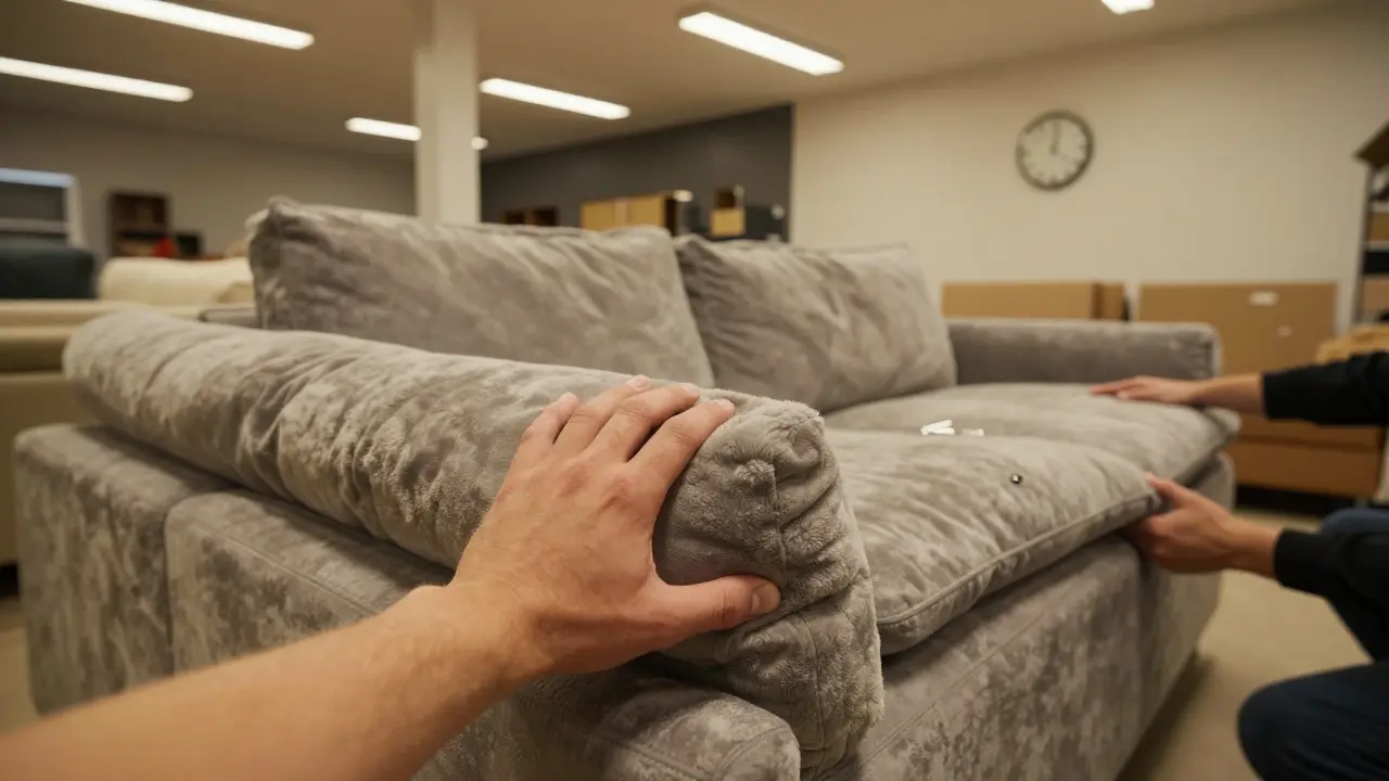 Hands testing cushion firmness in a showroom versus assembling a flat-pack sofa at home with scattered boxes.