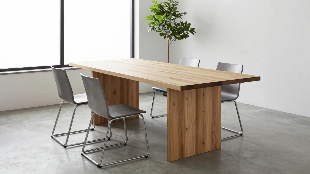 Minimalist reclaimed oak dining table and steel chairs in a modern, clutter-free interior with natural light.