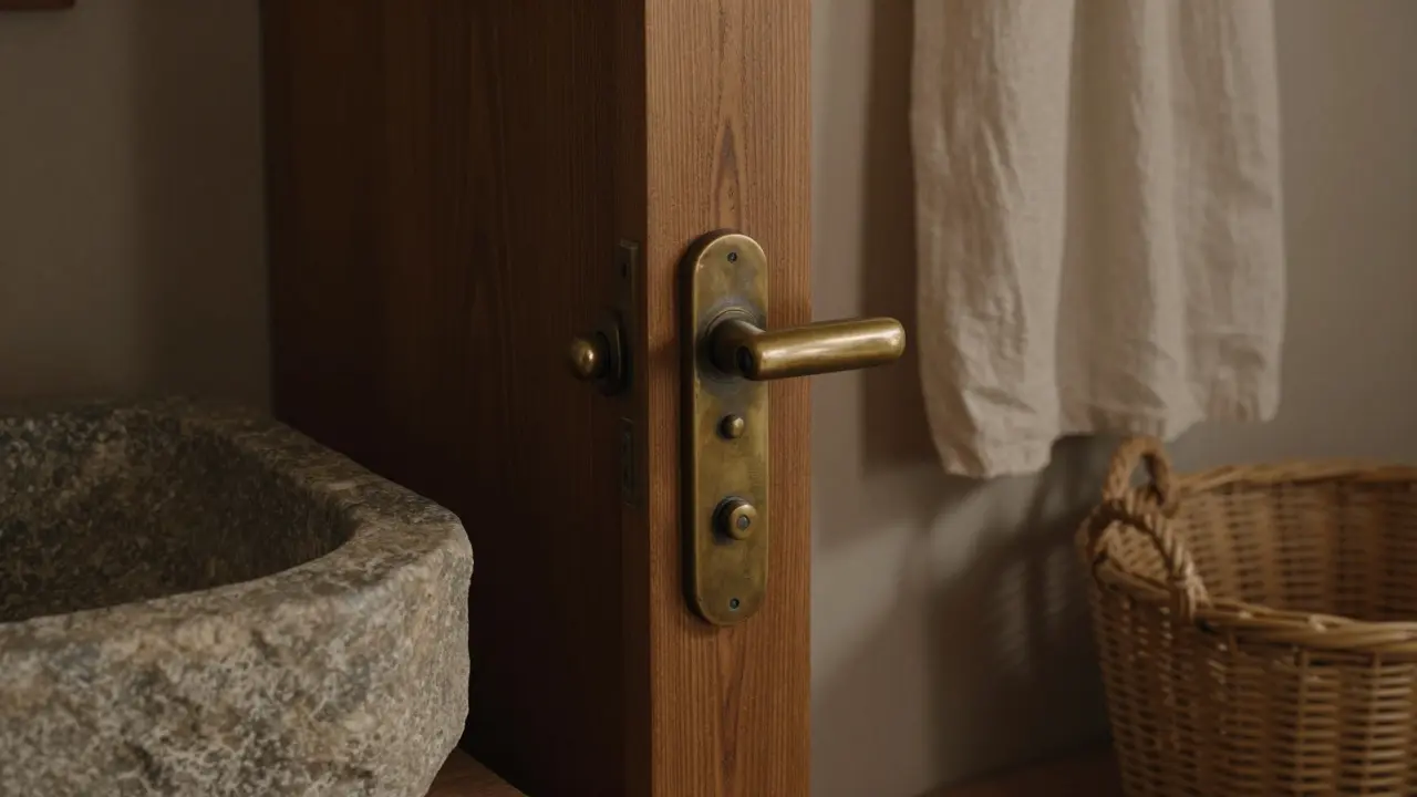 Oil-rubbed bronze door handle with natural stone sink and linen curtains in warm evening light.